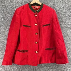 Schaffer Jacket Women 42 Plus Red Button Up Crew Neck Long Sleeve Linen Pockets